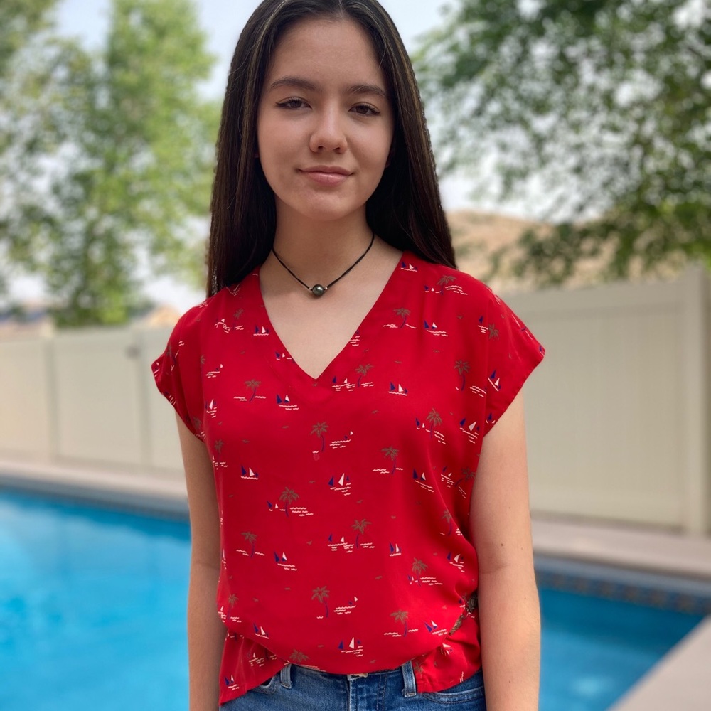 Vintage Campus Casuals Red V Neck Top with Boats